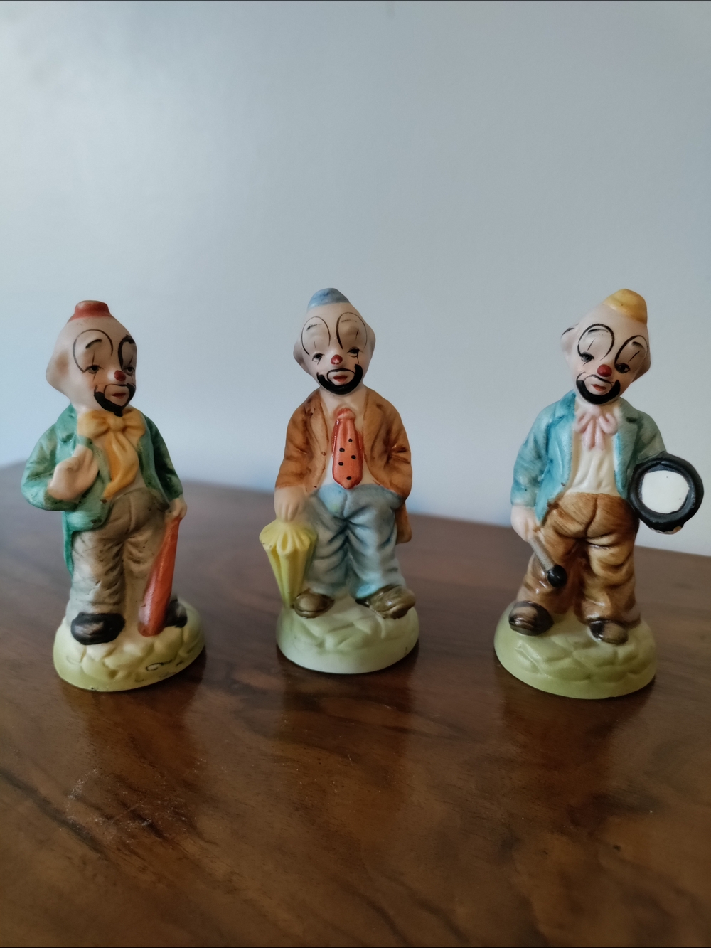 Vintage Porcelain Hobo Clown Figurine Trio - Multicolor